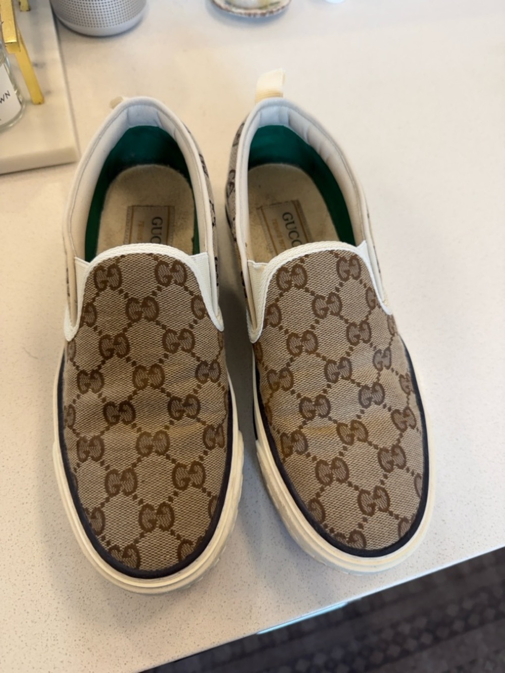 Gucci Brown Beige GG Canvas Slip-On Sneakers